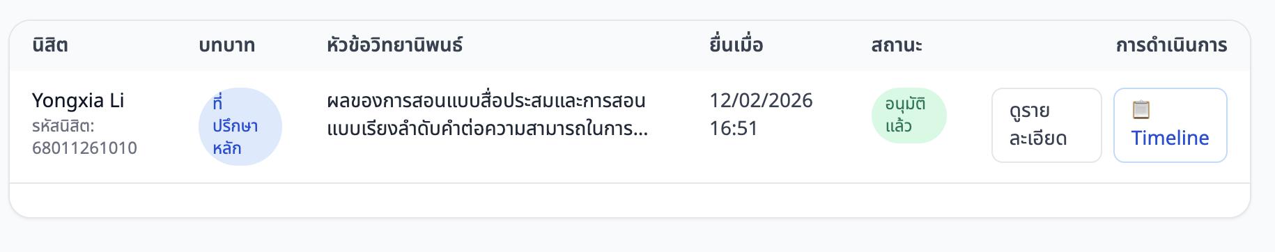 ภาพหน้าจอ: ตารางรายการคำร้องแต่งตั้ง